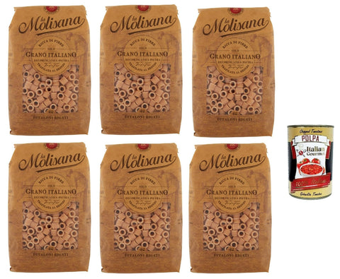Italian Gourmet E.R. Nudeln & Pasta 6x Pasta La Molisana Ditaloni Rigat n.42 Integrale Vollkornnudeln Kurze Nudeln, NUR italienischer Weizen - 500g + Italian Gourmet P0lpa 400g 8004690610428