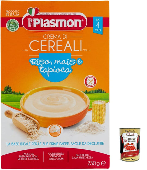 Plasmon Crema di Cereali Riso, Mais e Tapiocca 230g 6x Original italienisch inkl. Italian Gourmet Polpa 400g