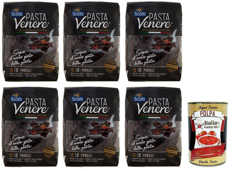 Riso Scotti Pasta Venere Fusilli,Pasta aus Hartweizengrieß und Schwarzem Venere-Vollkornreismehl,Packung mit 400g 6x Original italienisch inkl. Italian Gourmet Polpa di Pomodoro 400g Dose