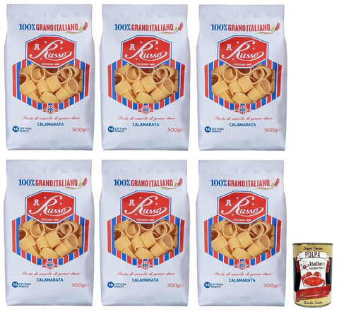 Italian Gourmet E.R. Nudeln & Pasta 6x Russo Calamarata N°27 Hartweizengrieß Pasta,100% Italienischer Weizen,500g-Packung + Italian Gourmet Polpa di Pomodoro 400g Dose 8000139926754