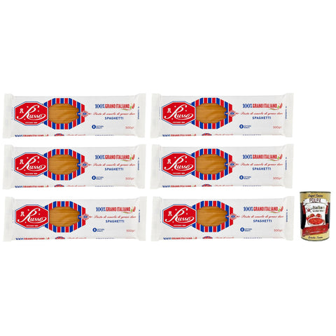 Russo Spaghetti N°72 Hartweizengrieß Pasta,100% Italienischer Weizen,500g-Packung 6x Original italienisch inkl. Italian Gourmet Polpa di Pomodoro 400g Dose