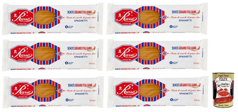 Russo Spaghetti N°72 Hartweizengrieß Pasta,100% Italienischer Weizen,500g-Packung 6x Original italienisch inkl. Italian Gourmet Polpa di Pomodoro 400g Dose