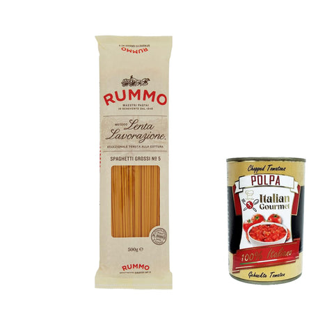 Rummo Spaghetti Grossi N. 5 Hartweizengrieß Pasta Italienische Nudeln 500g Packung 8x Original italienisch inkl. Italian Gourmet Polpa di Pomodoro 400g Dose