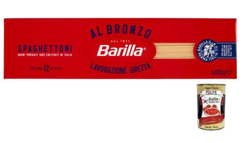 Italian Gourmet E.R. Nudeln & Pasta Barilla Pasta Al Bronzo Spaghettoni 100% italienischer Weizen,Bronze Zeichnung,Italienische Nudeln,400g + Italian Gourmet Polpa di Pomodoro 400g Dose 8032804040014