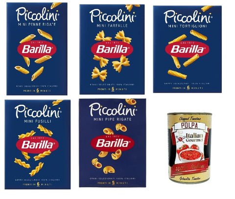 Italian Gourmet E.R. Nudeln & Pasta Barilla Piccolini Pasta Testpaket -MINI - FUSILLI - FARFALLE - PENNE - PIPE - TORTIGLIONI 5x 500g + Italian Gourmet polpa 400g 8076809523837