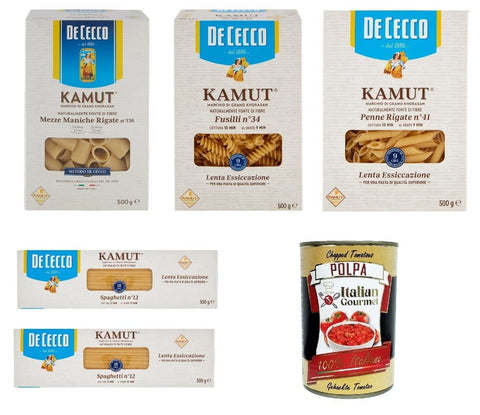 Italian Gourmet E.R. Nudeln & Pasta De Cecco nudeln Testpaket Kamut Marke von Khorasan-Weizen 5x 500g + Italian Gourmet polpa 400g 8001250009722
