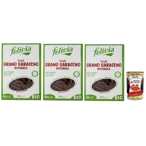 Felicia Fusilli di Grano Saraceno Integrale,Pasta mit 100% Buchweizen, Natürlich Glutenfrei,Packung mit 3x 340g Original italienisch inkl. Italian Gourmet Polpa di Pomodoro 400g Dose