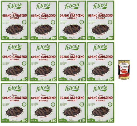 Italian Gourmet E.R. Nudeln & Pasta Felicia Penne di Grano Saraceno Integrale,Pasta mit 100% Buchweizen, Natürlich Glutenfrei,Packung mit 12x 340g + Italian Gourmet Polpa di Pomodoro 400g Dose 8032804040014