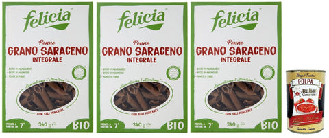 Italian Gourmet E.R. Nudeln & Pasta Felicia Penne di Grano Saraceno Integrale,Pasta mit 100% Buchweizen, Natürlich Glutenfrei,Packung mit 3x 340g + Italian Gourmet Polpa di Pomodoro 400g Dose 8032804040014
