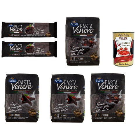Scotti Riso Pasta Venere Testpaket Spaghetti Fusilli Penne, Pasta aus Hartweizengrieß und Schwarzem Venere 6x400g Original italienisch