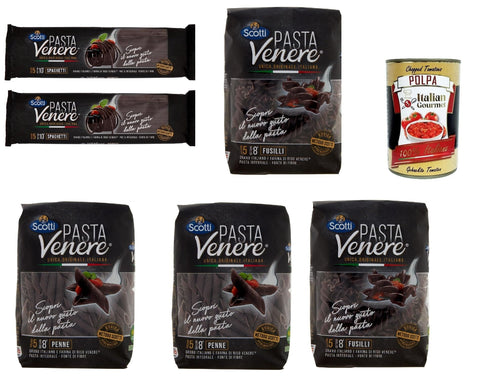 Italian Gourmet E.R. Nudeln & Pasta Riso Scotti Pasta Venere Testpaket Spaghetti - Fusilli - Penne, Pasta aus Hartweizengrieß und Schwarzem Venere-Vollkornr'eismehl,Packung mit 6x 400g + Italian Gourmet Polpa di Pomodoro 400g Dose 8001860185144