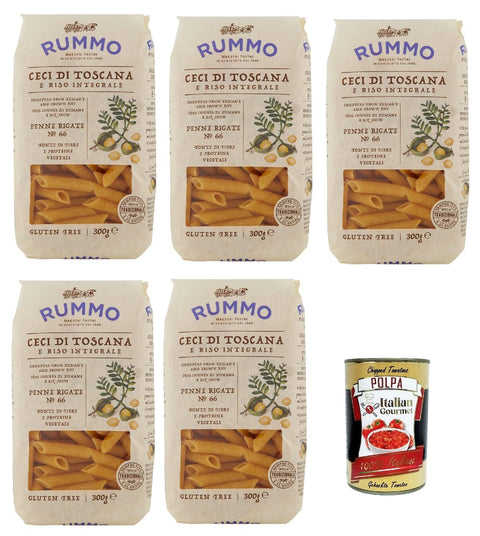 Italian Gourmet E.R. Nudeln & Pasta Rummo Ceci di Toscana e Riso Integrale Penne Rigate N° 66 senza glutine, Pasta gluten free, glutenfrei, Kichererbsen der Toskana und voller Reis 5x 500g + Italian Gourmet polpa 400g 8032804040014