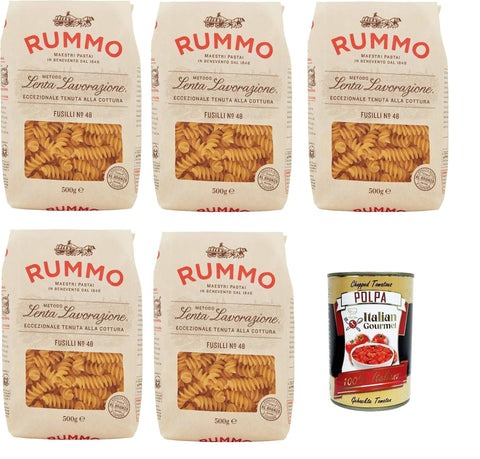 Italian Gourmet E.R. Nudeln & Pasta Rummo Fusilli n° 48 Pasta Lenta Lavorazione Teigwaren aus Hartweizengrieß Bronze-Zeichnung 5x 500g + Italian Gourmet polpa 400g 8032804040014