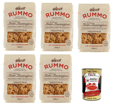 Italian Gourmet E.R. Nudeln & Pasta Rummo Fusillotti N°155 Pasta Lenta Lavorazione Teigwaren aus Hartweizengrieß Bronze-Zeichnung 5x 500g + Italian Gourmet polpa 400g 8032804040014