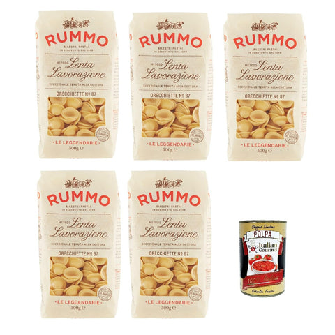 Rummo Le Leggendarie Orecchiette N° 87, Pasta Lenta Lavorazione Teigwaren aus Hartweizengrieß Bronze-Zeichnung 5x 500g Original italienisch inkl. Italian Gourmet Polpa 400g
