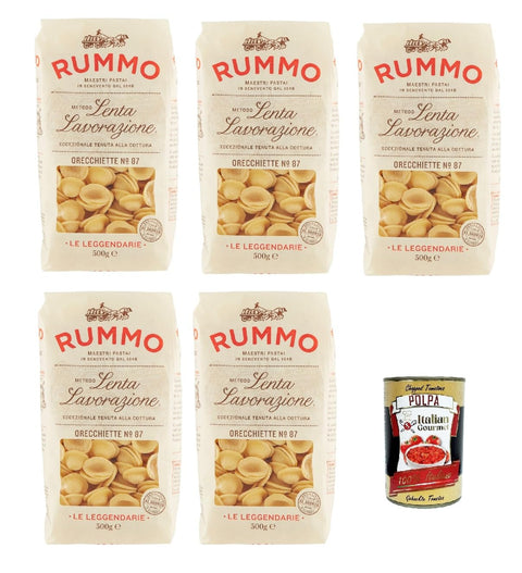 Italian Gourmet E.R. Nudeln & Pasta Rummo Le Leggendarie Orecchiette N° 87, Pasta Lenta Lavorazione Teigwaren aus Hartweizengrieß Bronze-Zeichnung 5x 500g + Italian Gourmet polpa 400g 8032804040014
