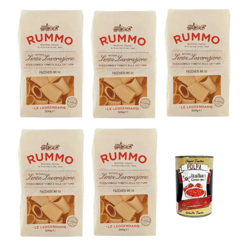 Rummo Le Leggendarie Paccheri Lisci ? 111, Pasta Lenta Lavorazione Teigwaren aus Hartweizengrieß Bronze-Zeichnung 5x 500g Original italienisch inkl. Italian Gourmet Polpa 400g