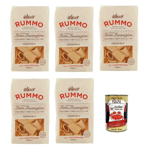 Italian Gourmet E.R. Nudeln & Pasta Rummo Le Leggendarie Paccheri Lisci № 111, Pasta Lenta Lavorazione Teigwaren aus Hartweizengrieß Bronze-Zeichnung 5x 500g + Italian Gourmet polpa 400g 8032804040014