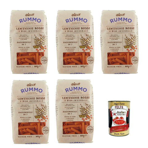 Rummo Lenticchie Rosse e Riso Integrale Maccheroncelli N° 7, Rote Linsen und reis pasta, Gluten frei, gluten free 5x 300g Original italienisch inkl. Italian Gourmet Polpa 400g
