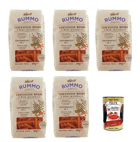 Italian Gourmet E.R. Nudeln & Pasta Rummo Lenticchie Rosse e Riso Integrale Maccheroncelli N° 7, Rote Linsen und reis pasta, Gluten frei, gluten free 5x 300g + Italian Gourmet polpa 400g 8032804040014