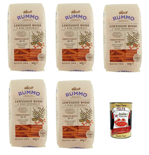 Italian Gourmet E.R. Nudeln & Pasta Rummo Lenticchie Rosse e Riso Integrale Pennette rigate N° 70, Rote Linsen und reis pasta, Gluten frei, gluten free 5x 300g + Italian Gourmet polpa 400g 8032804040014