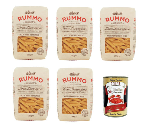 Italian Gourmet E.R. Nudeln & Pasta Rummo Mezze penne rigate n° 28 Pasta Lenta Lavorazione Teigwaren aus Hartweizengrieß Bronze-Zeichnung 5x 500g + Italian Gourmet polpa 400g 8032804040014