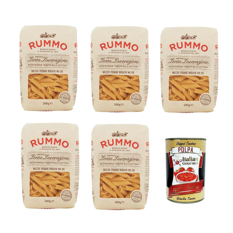 Rummo Mezze penne rigate n° 28 Pasta Lenta Lavorazione Teigwaren aus Hartweizengrieß Bronze-Zeichnung 5x 500g Original italienisch inkl. Italian Gourmet Polpa 400g