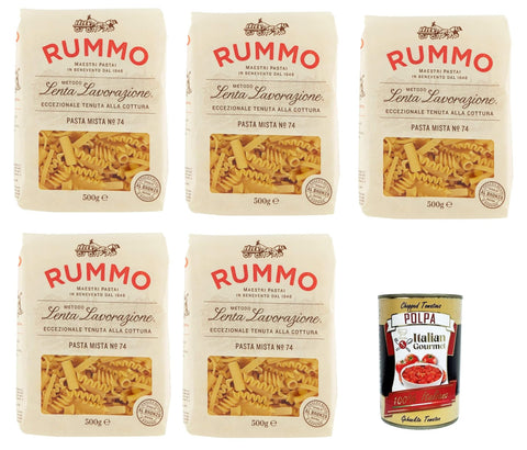 Italian Gourmet E.R. Nudeln & Pasta Rummo Pasta Mista n° 74 Pasta Lenta Lavorazione Teigwaren aus Hartweizengrieß Bronze-Zeichnung 5x 500g + Italian Gourmet polpa 400g 8032804040014
