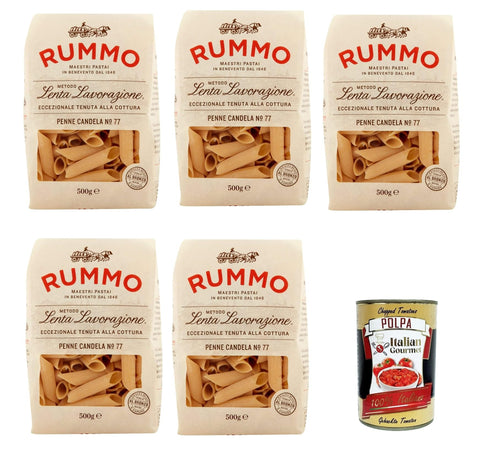 Italian Gourmet E.R. Nudeln & Pasta Rummo Penne Candela n° 77 Pasta Lenta Lavorazione Teigwaren aus Hartweizengrieß Bronze-Zeichnung 5x 500g + Italian Gourmet polpa 400g 8032804040014