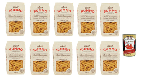 Italian Gourmet E.R. Nudeln & Pasta Rummo Penne lisce n° 59 Pasta Lenta Lavorazione Teigwaren aus Hartweizengrieß Bronze-Zeichnung 10x 500g + Italian Gourmet polpa 400g 8032804040014
