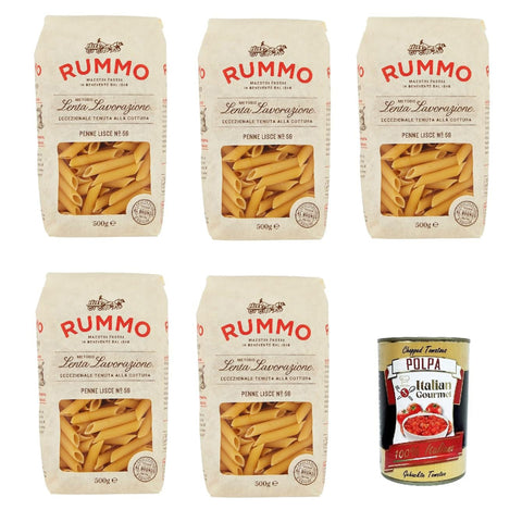 Rummo Penne lisce n° 59 Pasta Lenta Lavorazione Teigwaren aus Hartweizengrieß Bronze-Zeichnung 5x 500g Original italienisch inkl. Italian Gourmet Polpa 400g