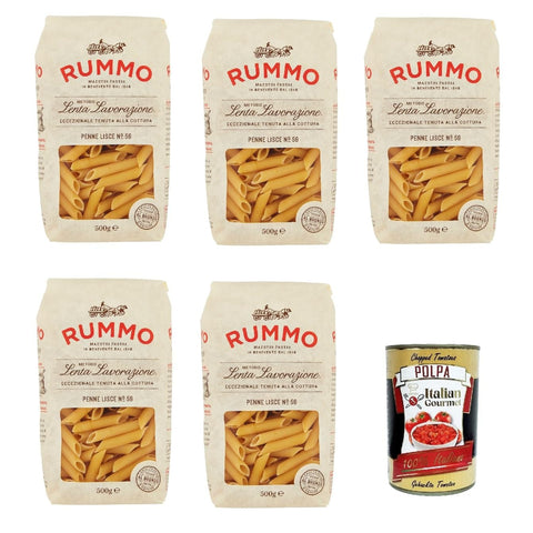 Italian Gourmet E.R. Nudeln & Pasta Rummo Penne lisce n° 59 Pasta Lenta Lavorazione Teigwaren aus Hartweizengrieß Bronze-Zeichnung 5x 500g + Italian Gourmet polpa 400g 8032804040014