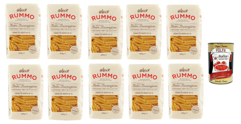 Italian Gourmet E.R. Nudeln & Pasta Rummo Pennette Rigate N° 70 Pasta Lenta Lavorazione Teigwaren aus Hartweizengrieß Bronze-Zeichnung 10x 500g + Italian Gourmet polpa 400g 8032804040014