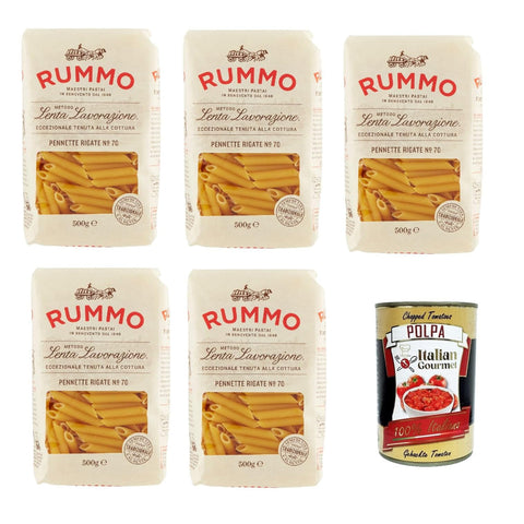 Rummo Pennette Rigate N° 70 Pasta Lenta Lavorazione Teigwaren aus Hartweizengrieß Bronze Zeichnung 5x500g Original italienisch