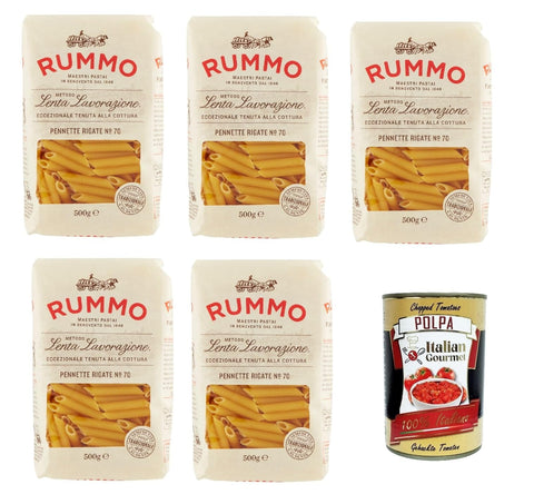 Italian Gourmet E.R. Nudeln & Pasta Rummo Pennette Rigate N° 70 Pasta Lenta Lavorazione Teigwaren aus Hartweizengrieß Bronze-Zeichnung 5x 500g + Italian Gourmet polpa 400g 8032804040014