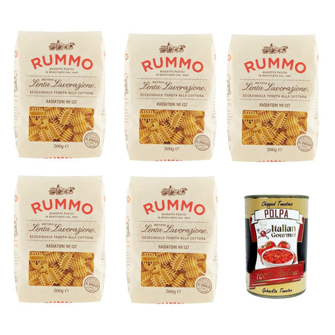 Rummo Radiatori N° 137 Pasta Lenta Lavorazione Teigwaren aus Hartweizengrieß Bronze-Zeichnung 5x 500g Original italienisch inkl. Italian Gourmet Polpa 400g