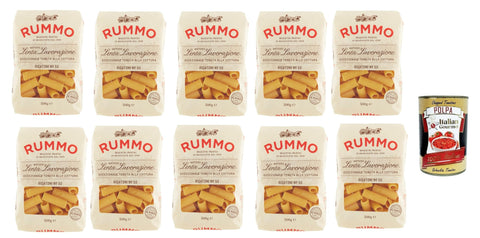 Italian Gourmet E.R. Nudeln & Pasta Rummo Rigatoni n° 50 Pasta Lenta Lavorazione Teigwaren aus Hartweizengrieß Bronze-Zeichnung 10x 500g + Italian Gourmet polpa 400g 8032804040014