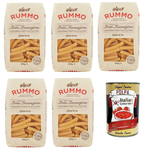 Italian Gourmet E.R. Nudeln & Pasta Rummo Sedani n° 68 Pasta Lenta Lavorazione Teigwaren aus Hartweizengrieß Bronze-Zeichnung 5x 500g + Italian Gourmet polpa 400g 8032804040014
