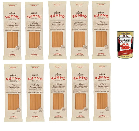 Italian Gourmet E.R. Nudeln & Pasta Rummo Spaghetti alla chitarra n° 104 Pasta Lenta Lavorazione Teigwaren aus Hartweizengrieß Bronze-Zeichnung 10x 500g + Italian Gourmet polpa 400g 8032804040014