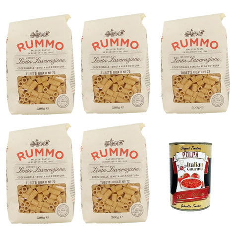 Rummo Tubetti rigati n° 72 Pasta Lenta Lavorazione Teigwaren aus Hartweizengrieß Bronze-Zeichnung 5x 500g Original italienisch inkl. Italian Gourmet Polpa 400g