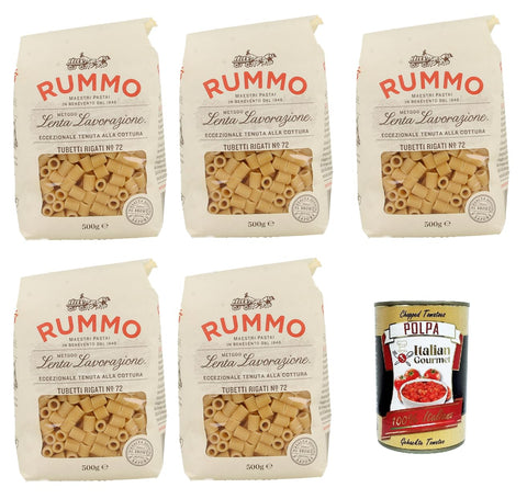 Italian Gourmet E.R. Nudeln & Pasta Rummo Tubetti rigati n° 72 Pasta Lenta Lavorazione Teigwaren aus Hartweizengrieß Bronze-Zeichnung 5x 500g + Italian Gourmet polpa 400g 8032804040014