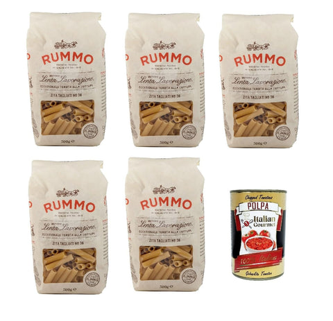 Italian Gourmet E.R. Nudeln & Pasta Rummo Ziti Tagliati n° 36 Pasta Lenta Lavorazione Teigwaren aus Hartweizengrieß Bronze-Zeichnung 5x 500g + Italian Gourmet polpa 400g 8032804040014