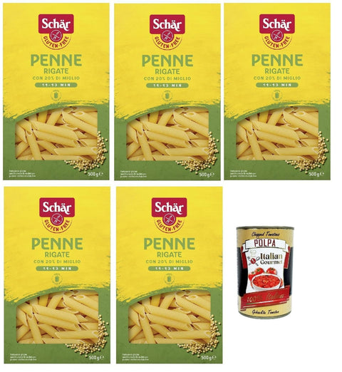 Italian Gourmet E.R. Nudeln & Pasta SCHÄR Senza Glutine Penne rigate, Glutenfrei Pasta mit 20% Hirse, gluten free pasta, 5x 500g + Italian Gourmet polpa 400g 8032804040014