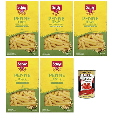 Schar SCHÄR Senza Glutine Penne rigate, Glutenfrei Pasta mit 20% Hirse, gluten free pasta 5x 500g inkl. Italian Gourmet polpa 400g Original italienisch