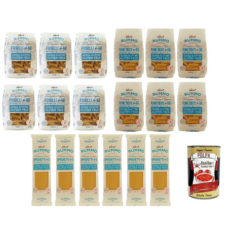 Rummo Testpaket Rummo Pasta Spaghetti - Fusilli - Penne Rigate Glutenfreie, Nudeln Senza Glutine 18x 400g inkl. Italian Gourmet polpa 400g Original italienisch