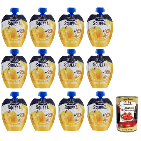 Ela Melinda Mela Banana Squeez 100% Frucht, Apfel und Bananenpüree, Obst zum Auspressen 12x90g Original italienisch