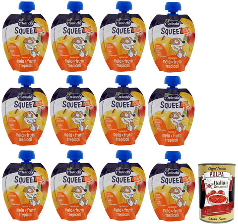 Italian Gourmet E.R. Obst 12x Melinda Mela & Frutti Tropicali Squeez 100% Frucht,Apfel- und Tropisches Fruchtpüree,Obst zum Auspressen,90g + Italian Gourmet Polpa di Pomodoro 400g Dose 8007049400176