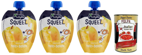 Melinda Mela Banana Squeez 100% Frucht, Apfel - und Bananenpüree, Obst zum Auspressen 3x 90g inkl. Italian Gourmet Polpa di Pomodoro 400g Dose Original italienisch