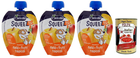 Melinda Mela & Frutti Tropicali Squeez 100% Frucht,Apfel- und Tropisches Fruchtpüree,Obst zum Auspressen,90g 3x Original italienisch inkl. Italian Gourmet Polpa di Pomodoro 400g Dose