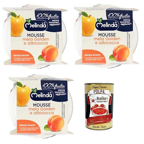 Melinda Mousse Mela Golden e Albicocca,100% Natürliches Fruchtpüree,Goldenes Apfel-Aprikosen-Mousse ( 2 x 100g ) 3x Original italienisch inkl. Italian Gourmet Polpa di Pomodoro 400g Dose